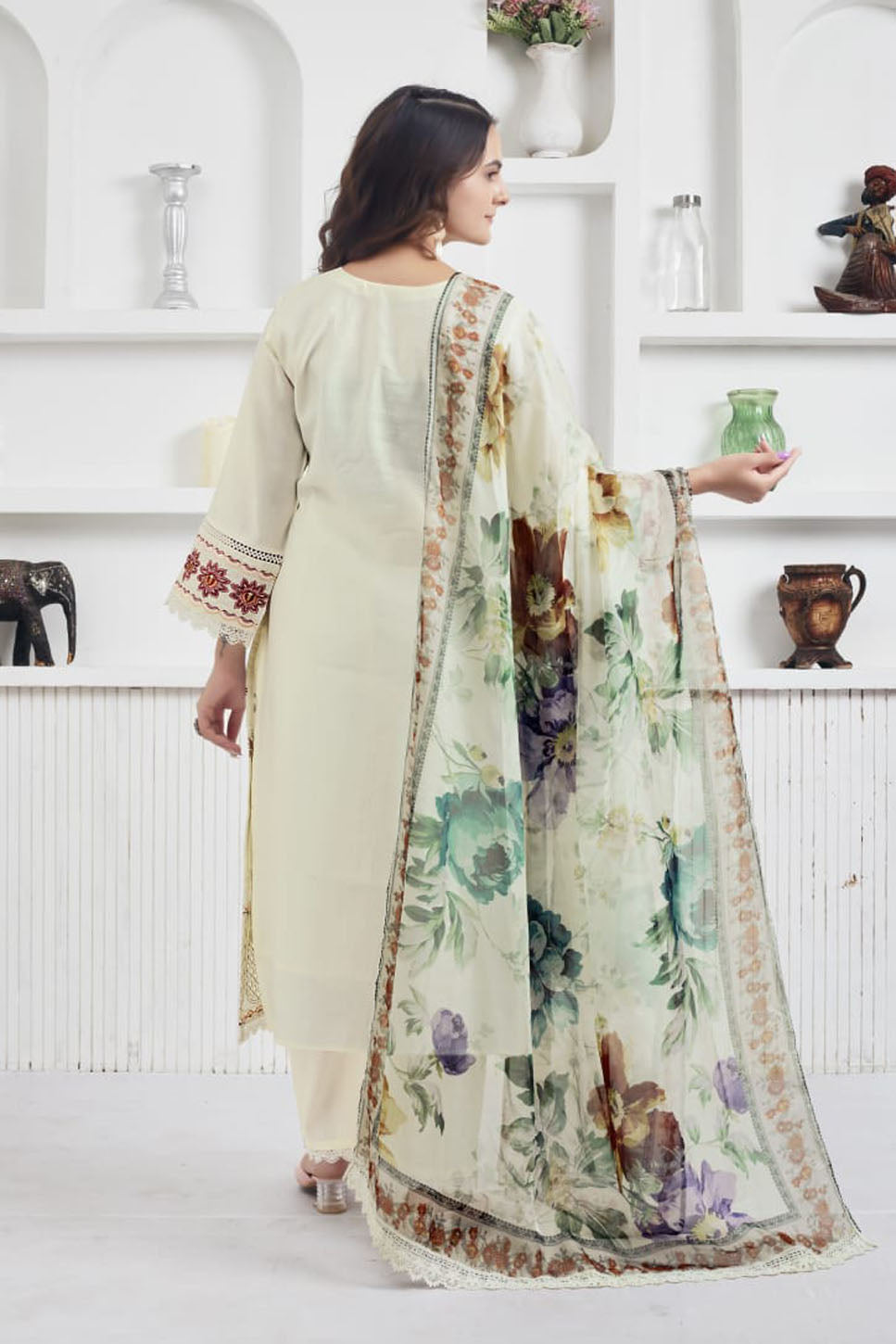 Off-White Embroidered Suit Set with Floral Printed Dupatta – Festive & Ethnic Wear