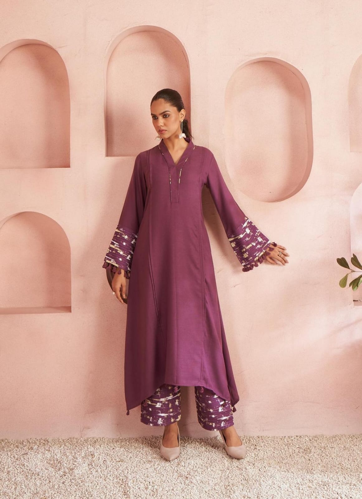 Wine Solid Kurta Set with Embroidered Bell Sleeves