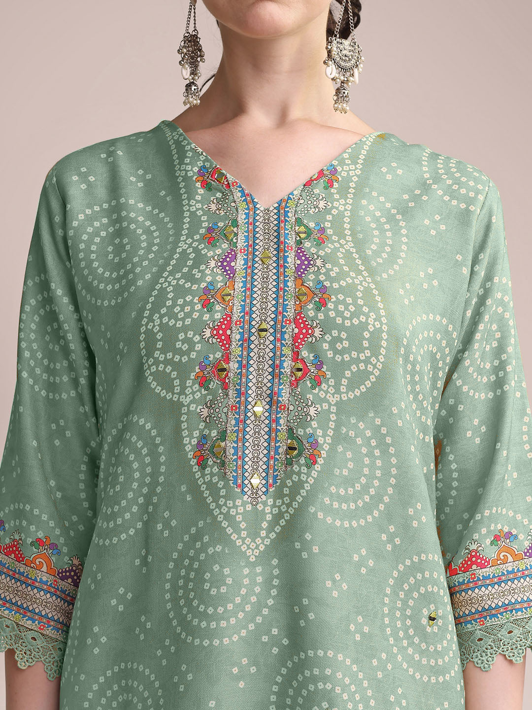 Graceful Sea Green Linen Printed Kurta Set with Embroidered Detailing & Matching Dupatta