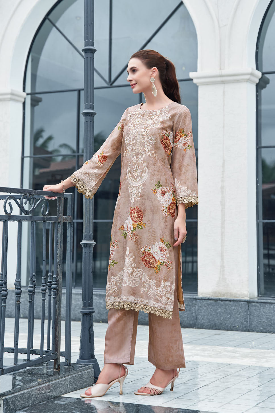 Beige Blossom Digital Printed & Embroidered Suit with Dupatta