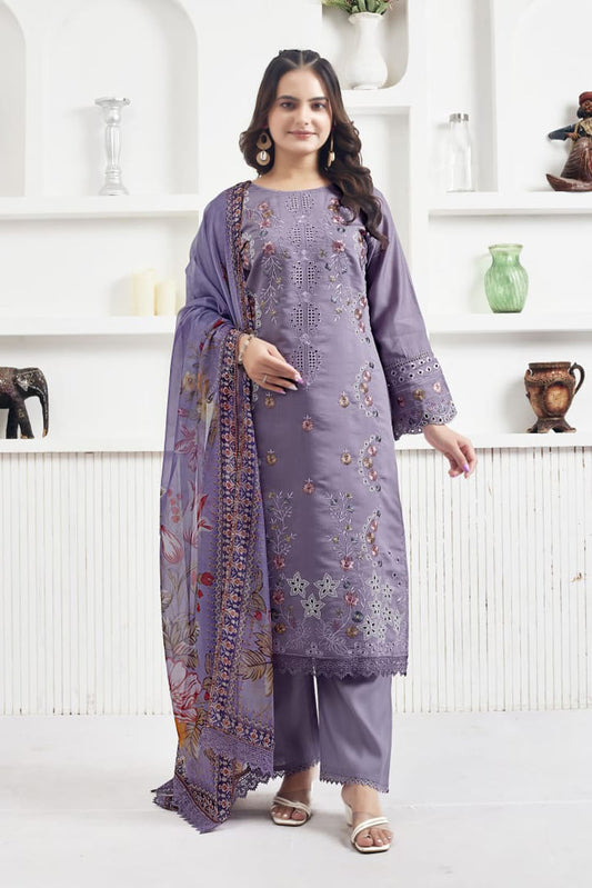 Lavender Embroidered Suit Set with Printed Dupatta – Elegant Ethnic Wear
