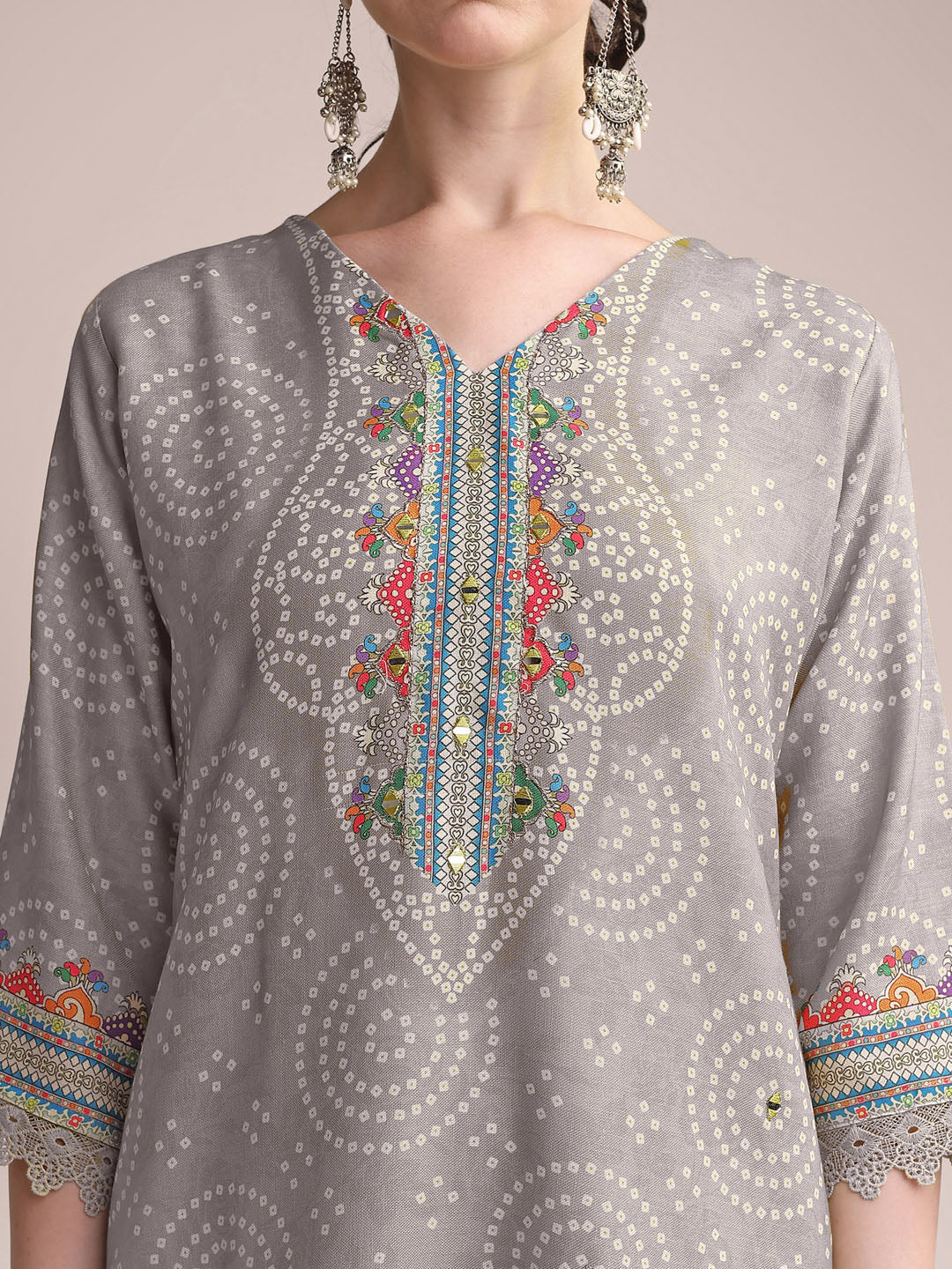 Elegant Grey Linen Printed Kurta Set with Multicolor Embroidery & Dupatta