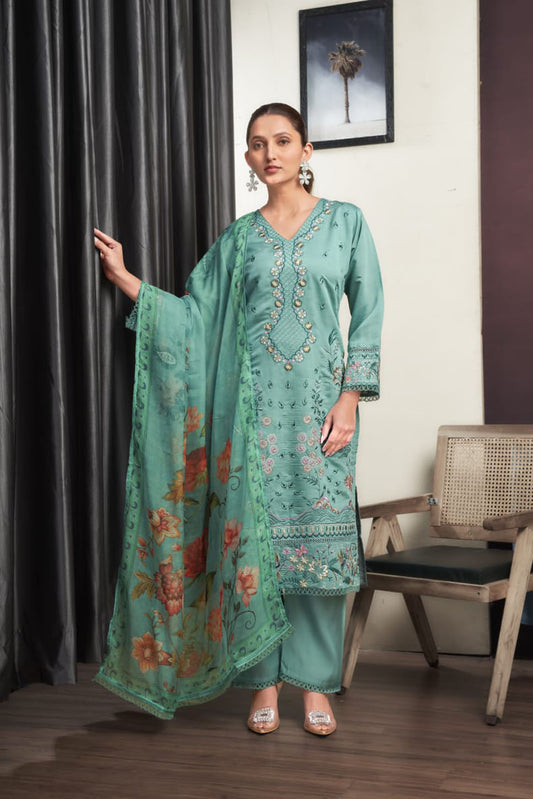 Teal Blue Embroidered Suit Set with Floral Dupatta
