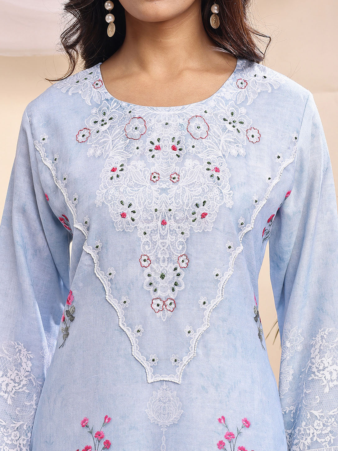 Pastel Blue Embroidered Three-Piece Suit Set