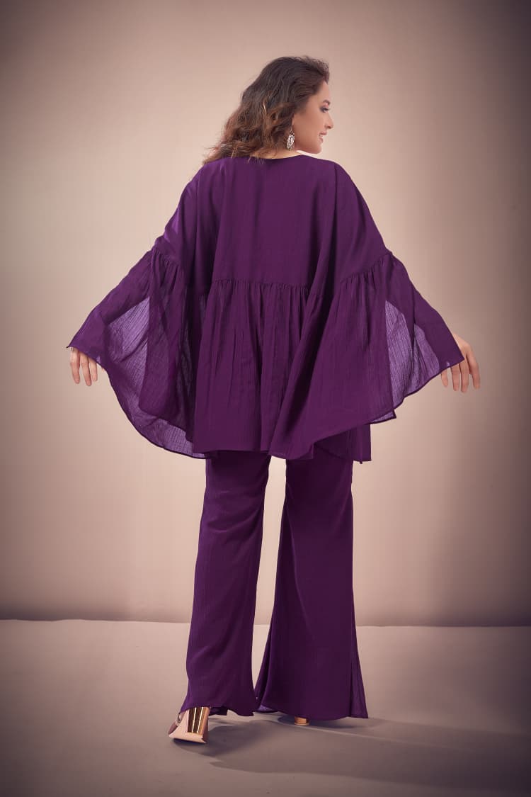 Plum Purple Embellished Kaftan Co-ord Set with Flared Pants