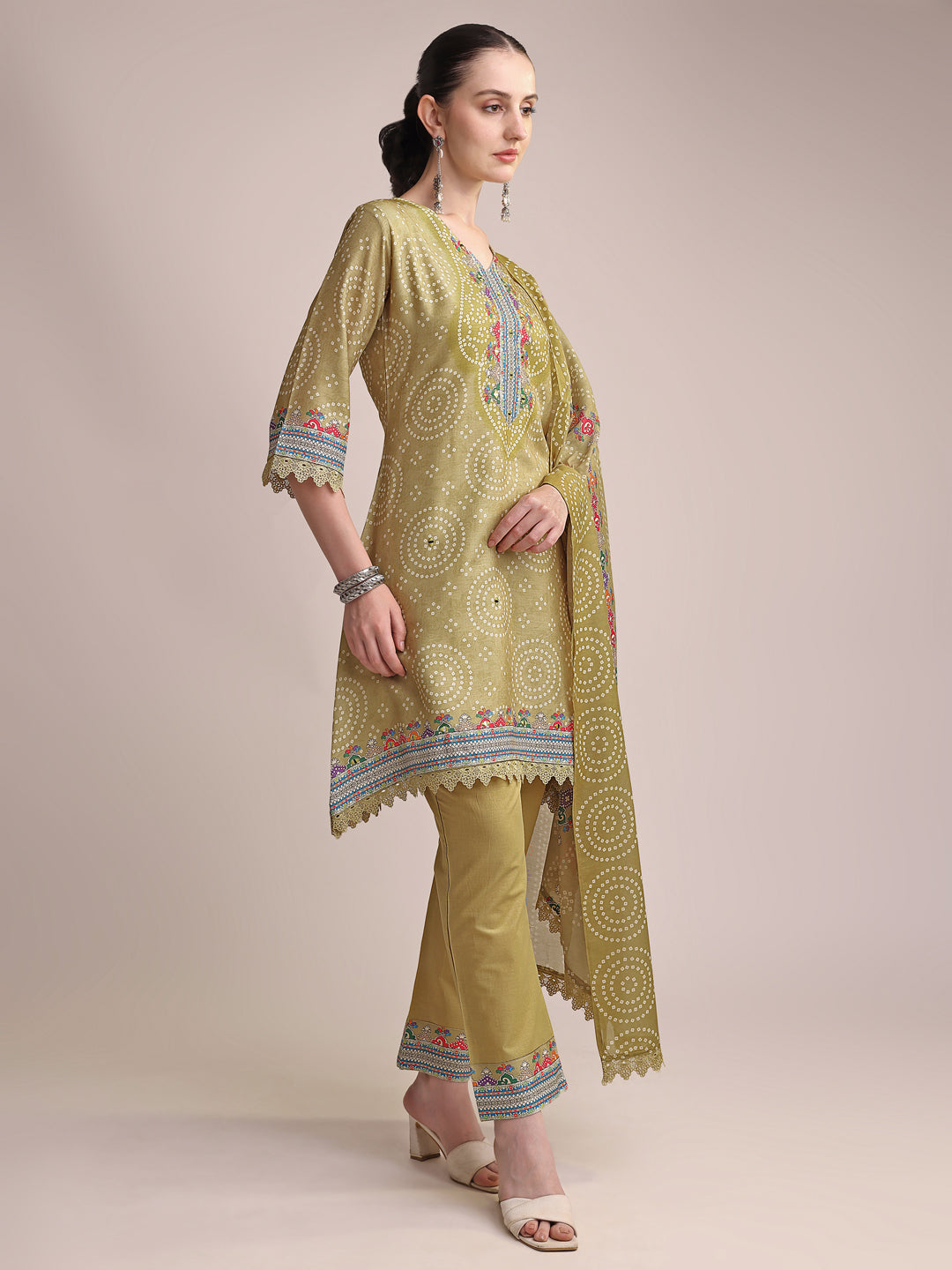 Mustard Yellow Linen Printed Kurta Set with Multicolor Embroidery & Matching Dupatta