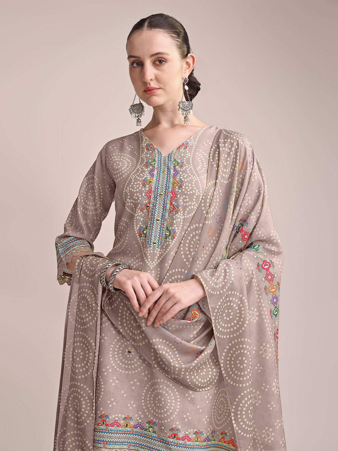 Elegant Taupe Linen Printed Kurta Set with Embroidered Detailing & Dupatta