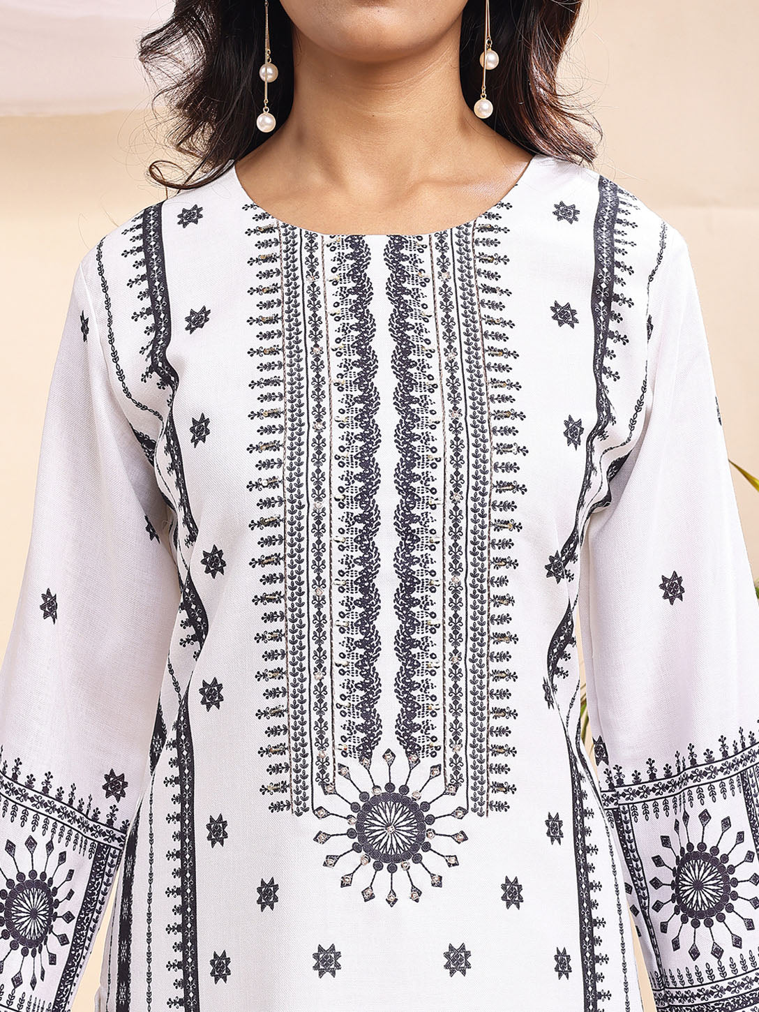 Women's Black & White Printed Suit – 3 Piece Elegant Ethnic Set