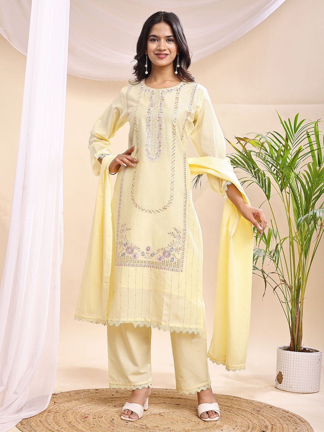 Women's Light Yellow Embroidered Suit – 3 Piece