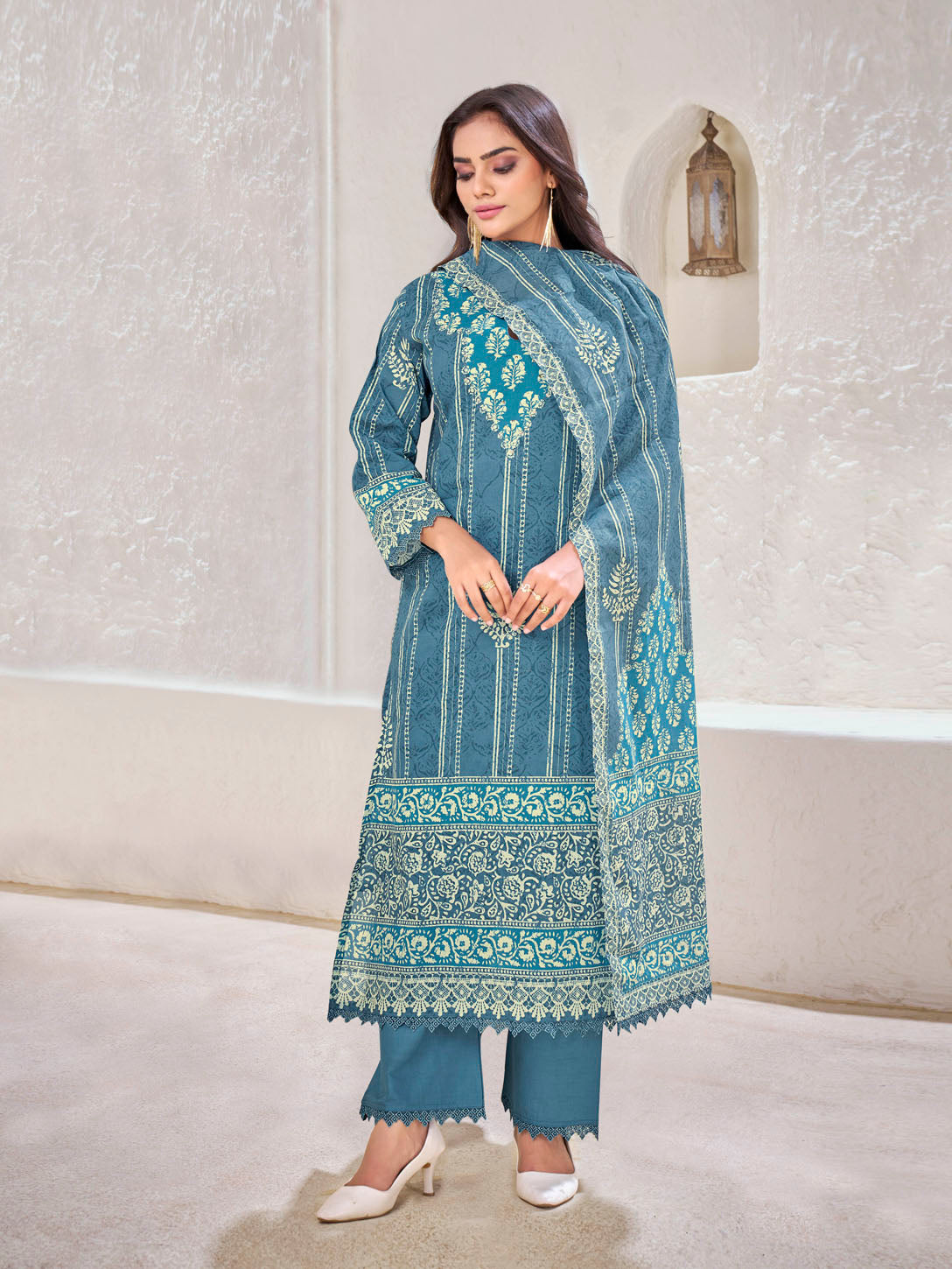 Teal Blue Printed Cotton Suit Set with Embroidered Neckline and Border Detailing