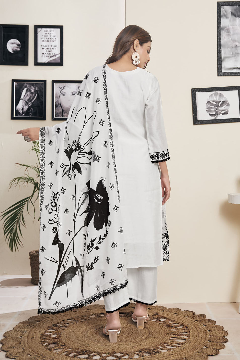 Chic White & Black Floral Embroidered Suit with Dupatta