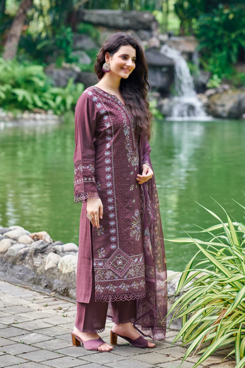 Embroidered Wine Purple Roman Chanderi Suit Set
