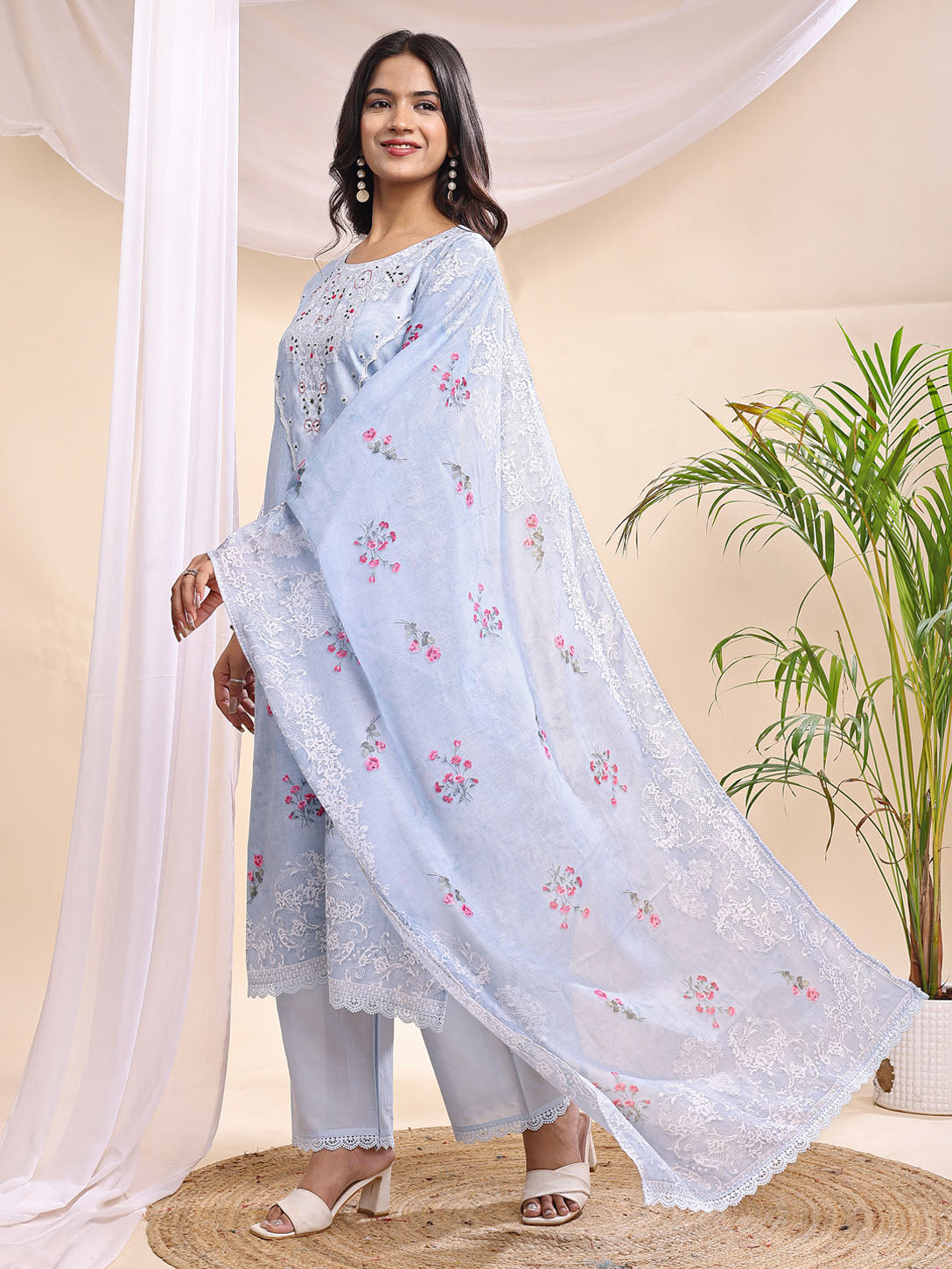 Pastel Blue Embroidered Three-Piece Suit Set