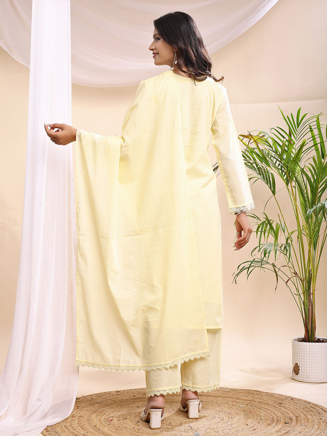 Women's Light Yellow Embroidered Suit – 3 Piece