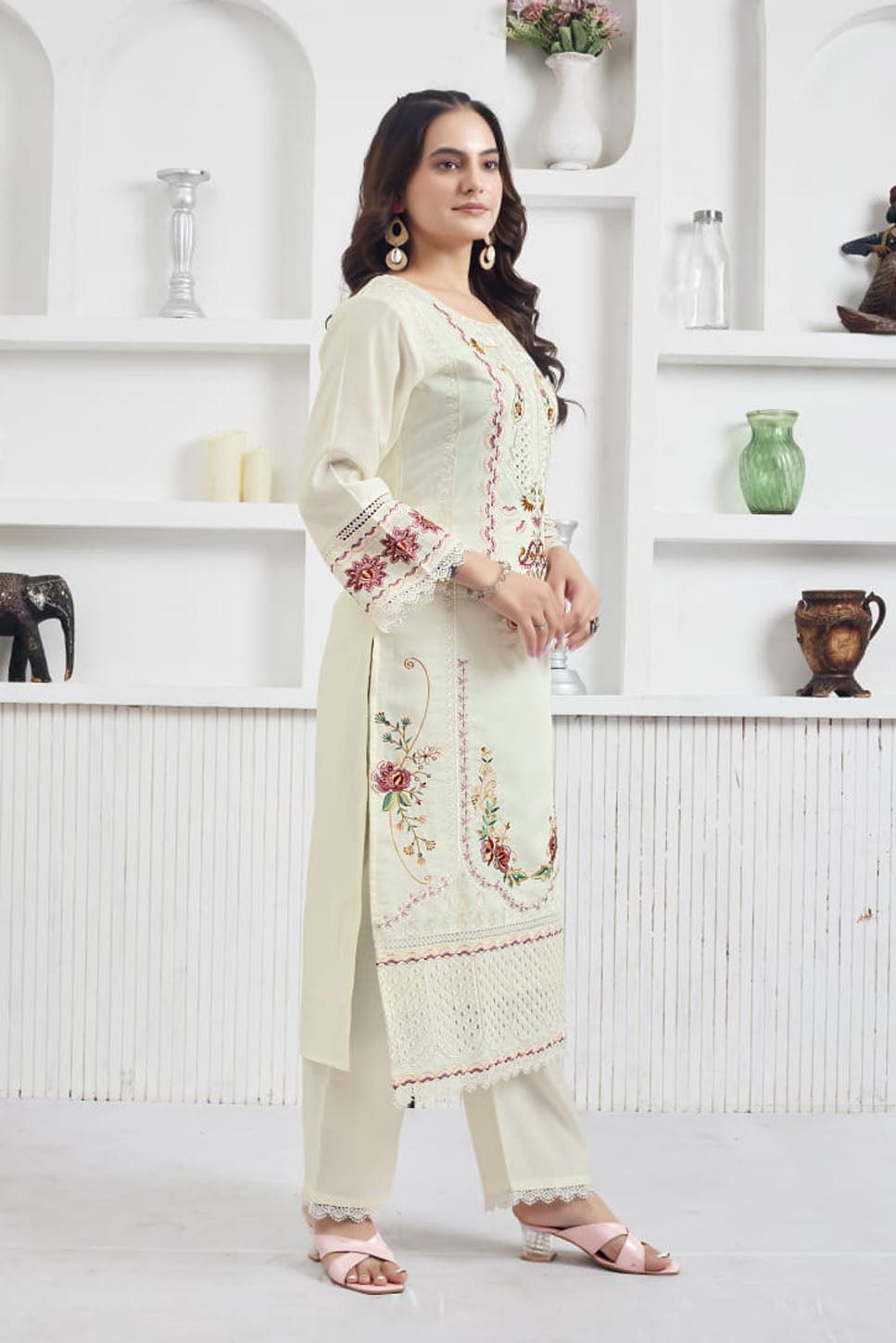 Off-White Embroidered Suit Set with Floral Printed Dupatta – Festive & Ethnic Wear