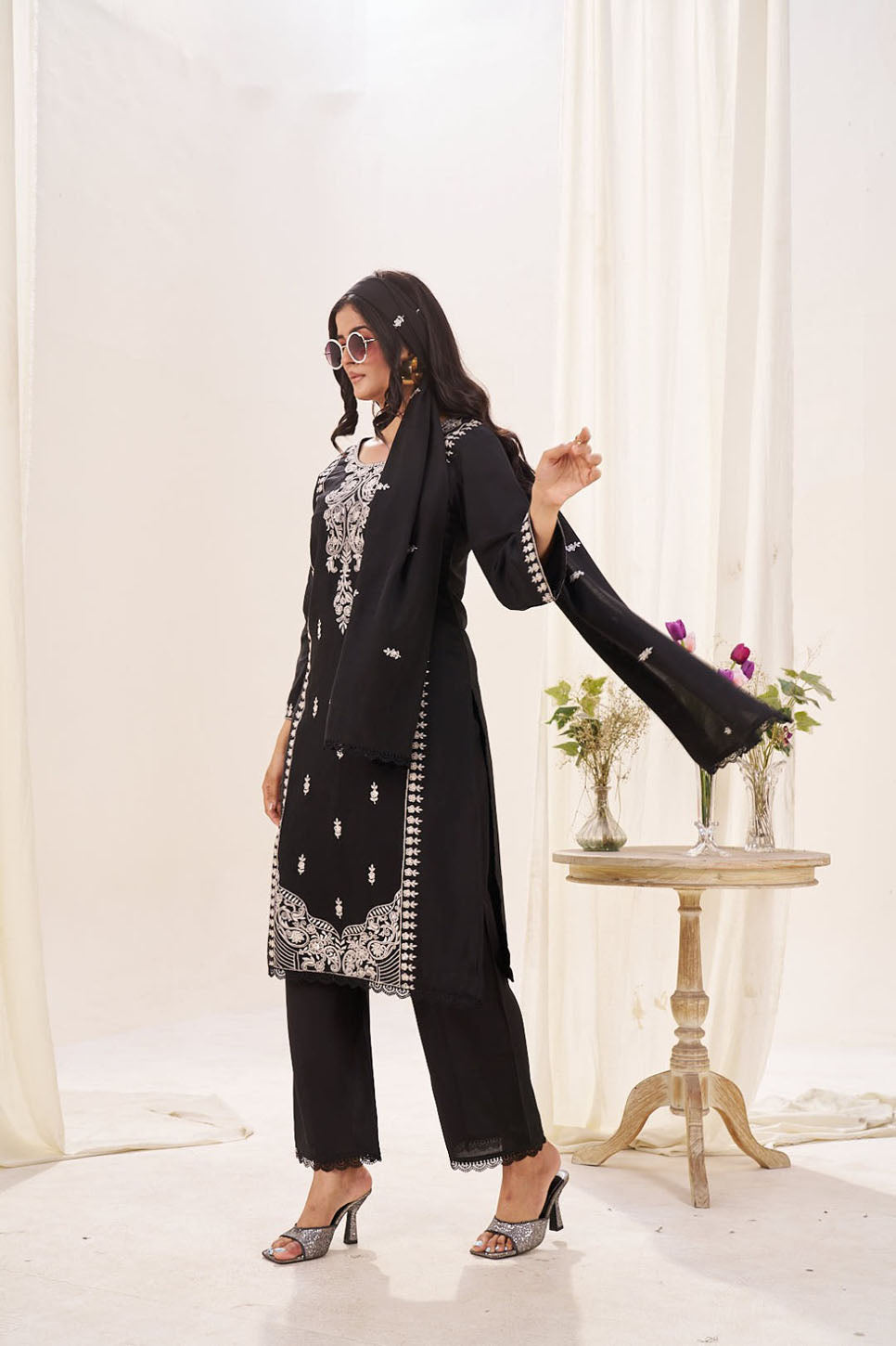 Classic Black Embroidered Cotton Suit with Dupatta