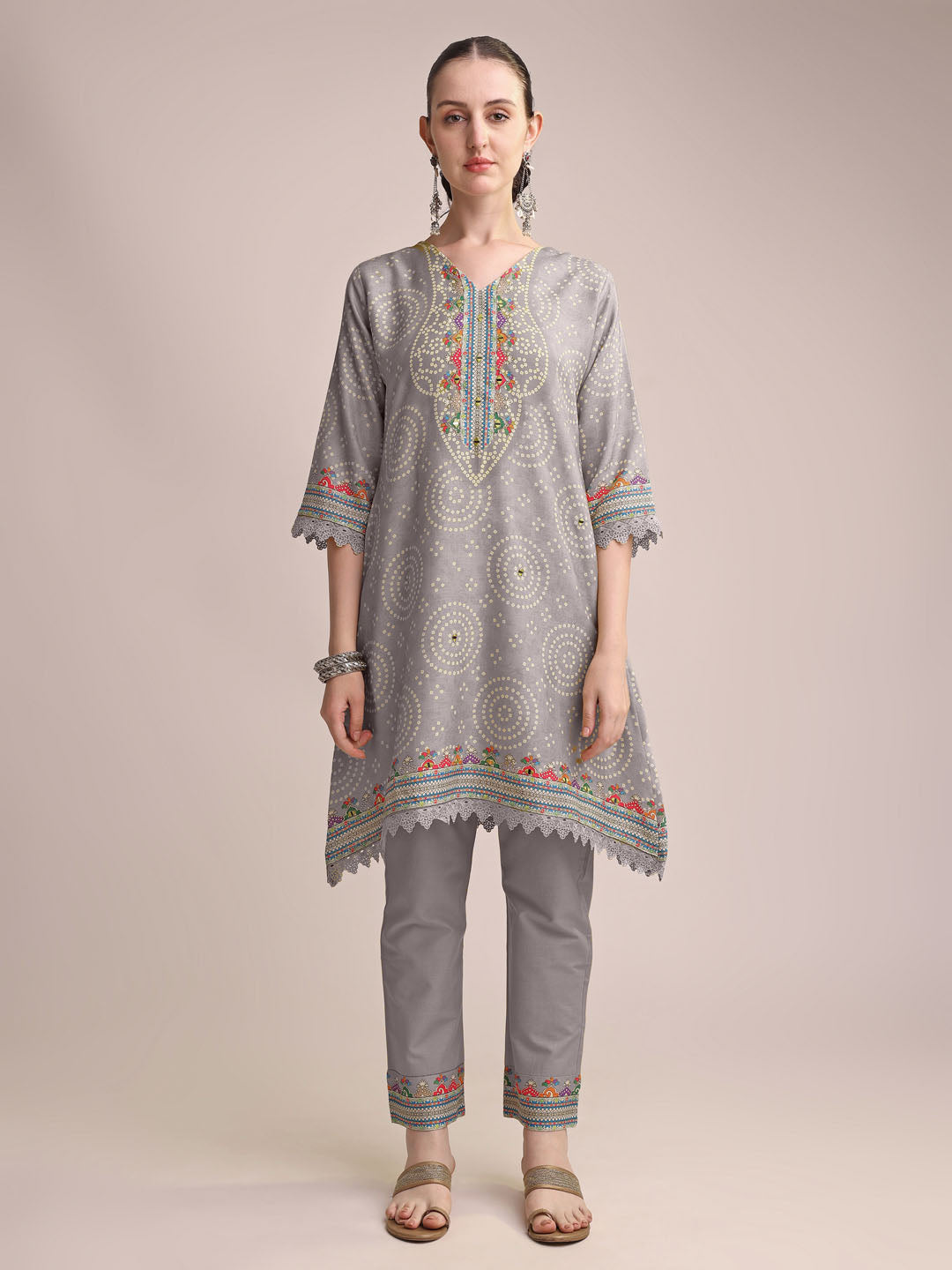 Elegant Grey Linen Printed Kurta Set with Multicolor Embroidery & Dupatta