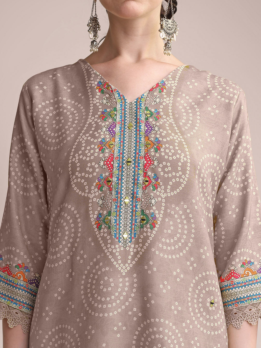 Elegant Taupe Linen Printed Kurta Set with Embroidered Detailing & Dupatta