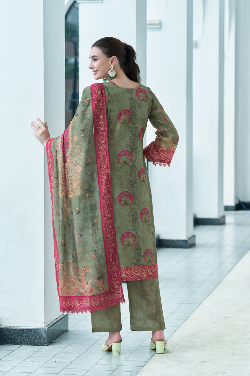 Olive Green & Crimson Printed Embroidered Suit with Dupatta