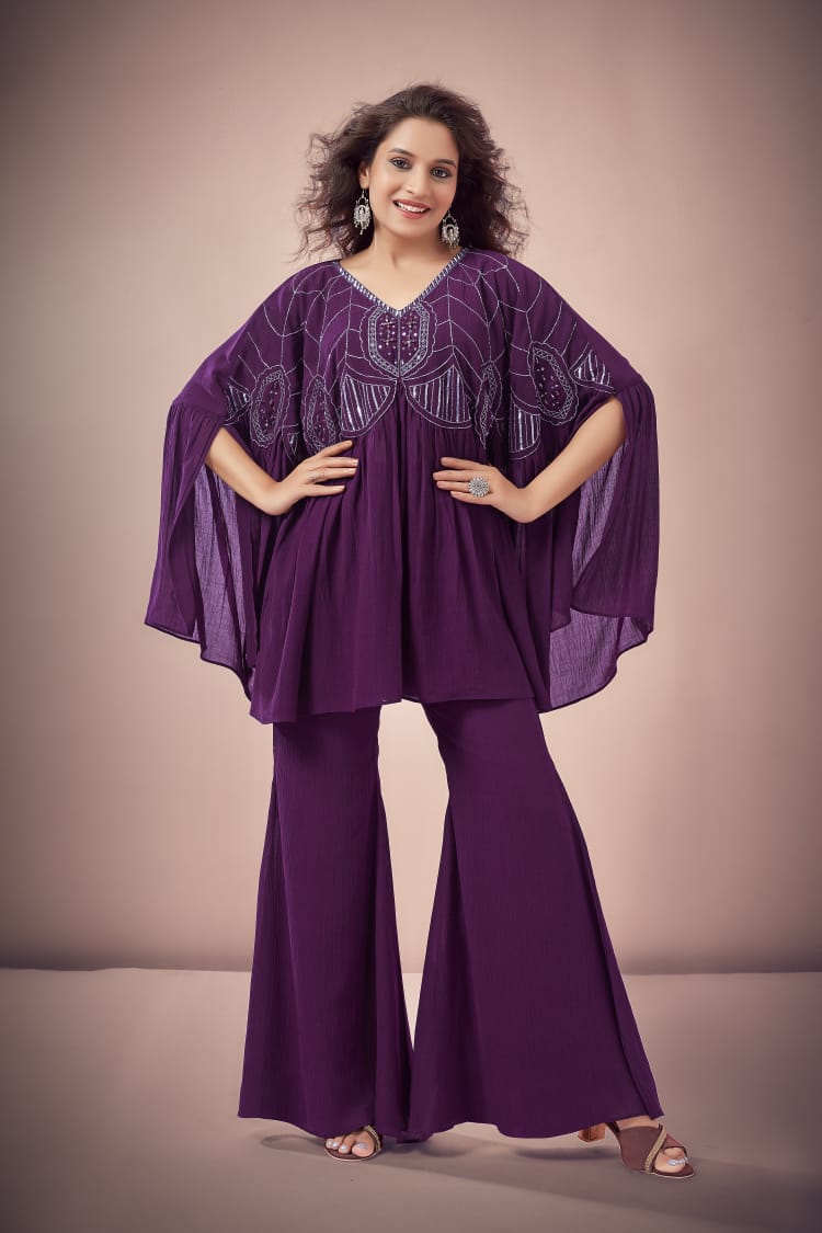 Plum Purple Embellished Kaftan Co-ord Set with Flared Pants