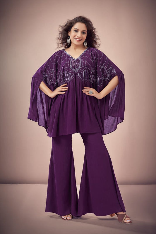 Plum Purple Embellished Kaftan Co-ord Set with Flared Pants