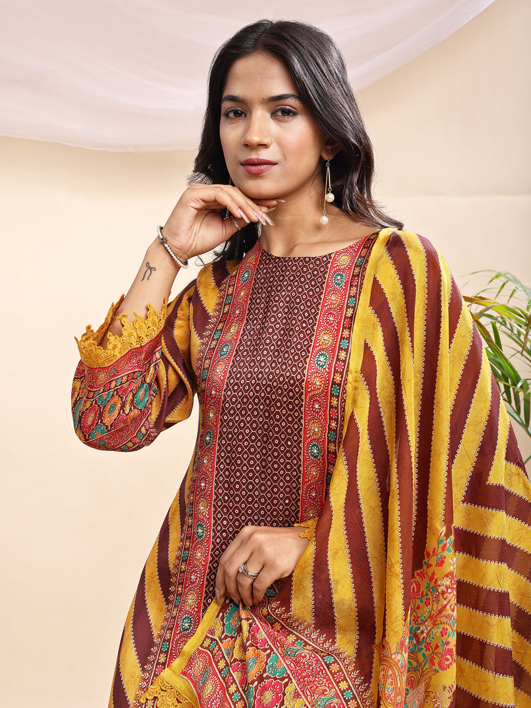 Women's Mustard & Maroon Printed Suit – 3 Piece Traditional Festive Set