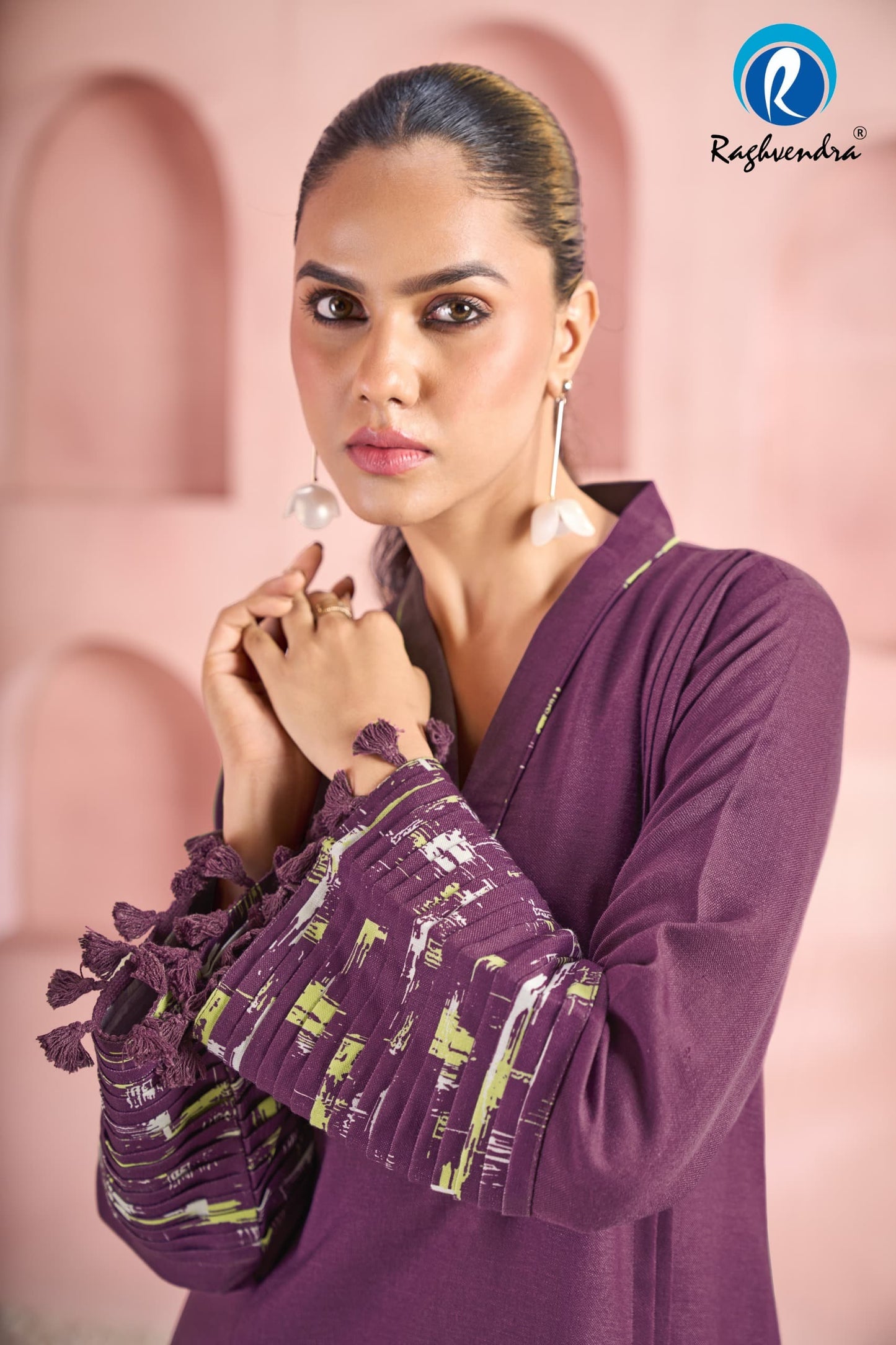 Wine Solid Kurta Set with Embroidered Bell Sleeves