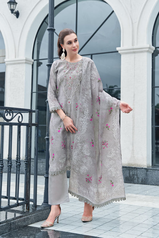 Elegant Grey Linen Embroidered Suit Set with Dupatta Floral Detailing