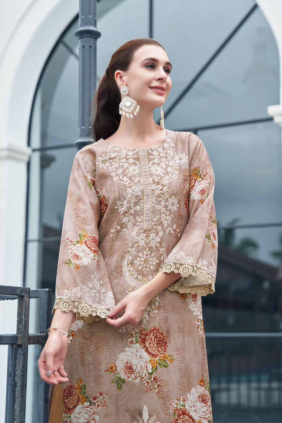 Beige Blossom Digital Printed & Embroidered Suit with Dupatta