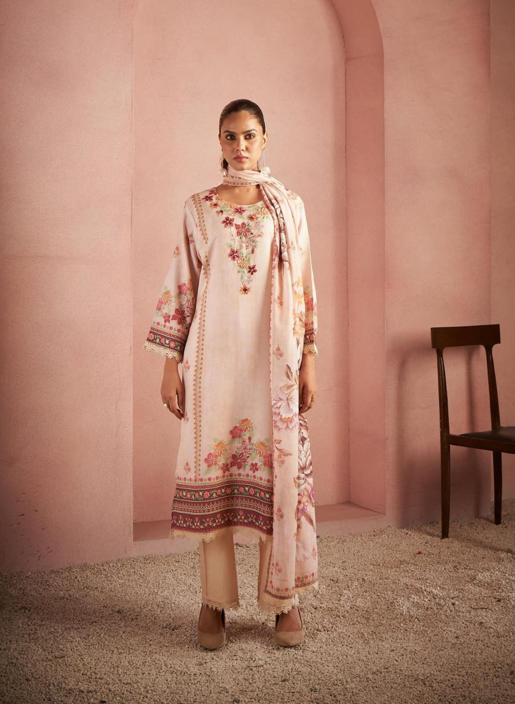 Blush Pink Floral Printed Suit Set with Embroidered Details