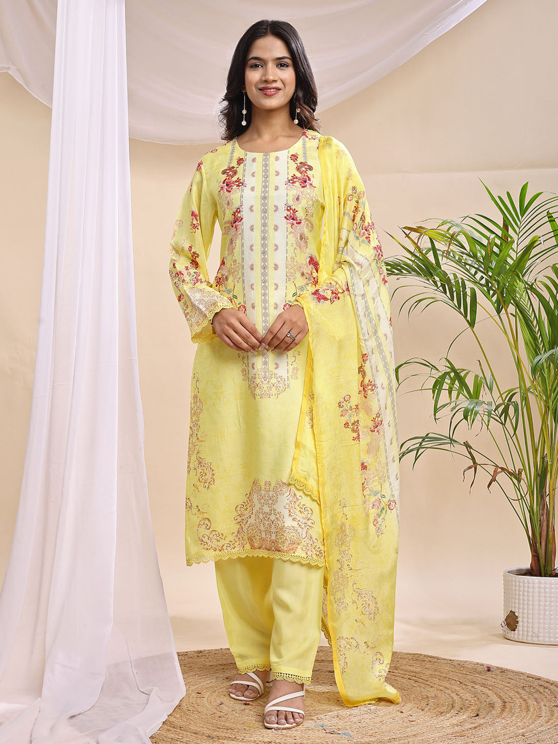 Women's Pastel Yellow Printed Suit – 3 Piece Elegant Festive Ensemble