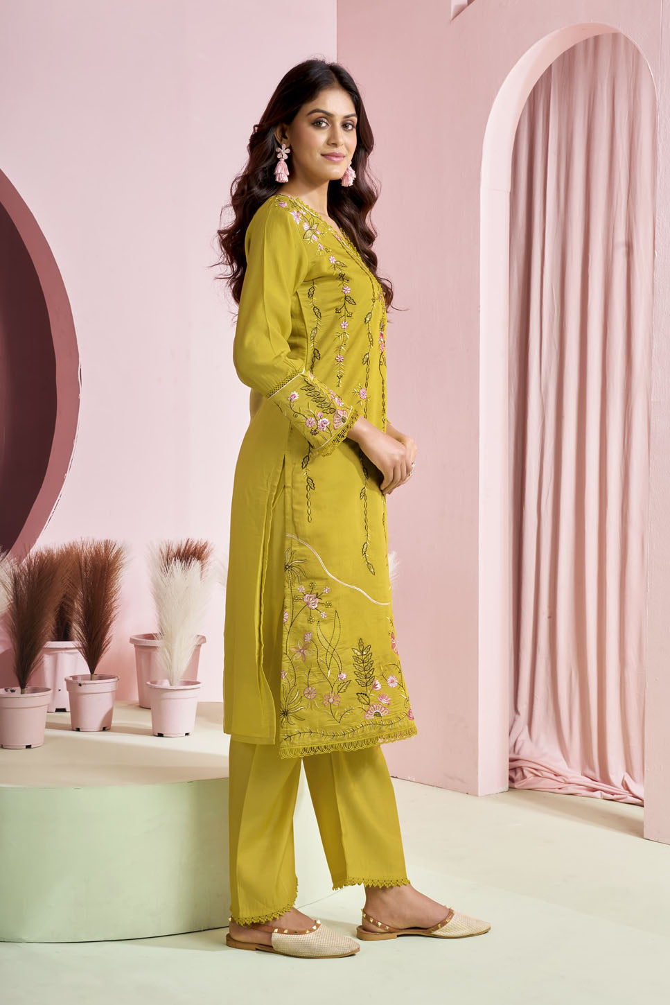 Lime Green Floral Embroidered Suit Set with Printed Dupatta