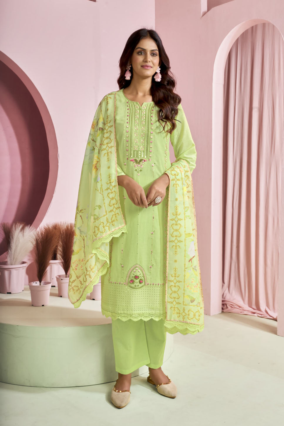 Pastel Lime Embroidered Cotton Suit with Printed Dupatta