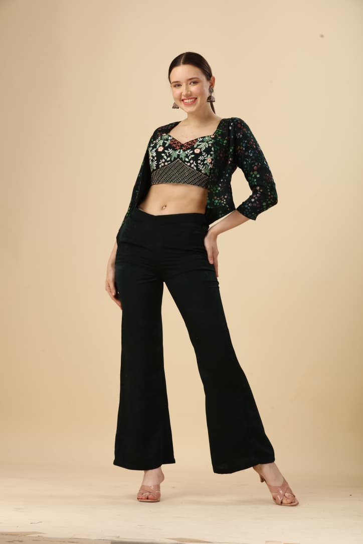 Black Embroidered Velvet Crop Top Co-ord Set with Printed Shrug