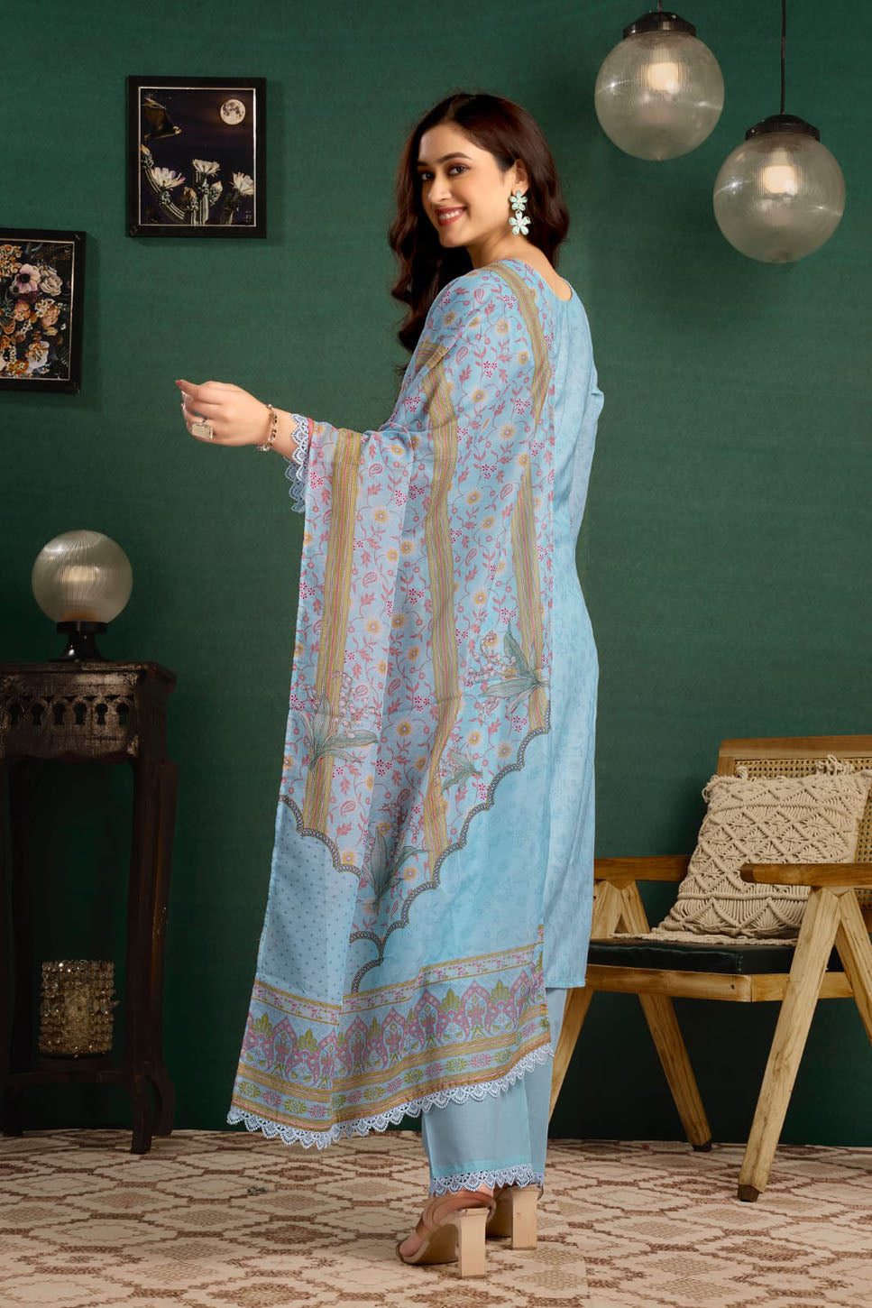Sky Blue Printed Linen Suit Set with Embroidered Detailing & Dupatta
