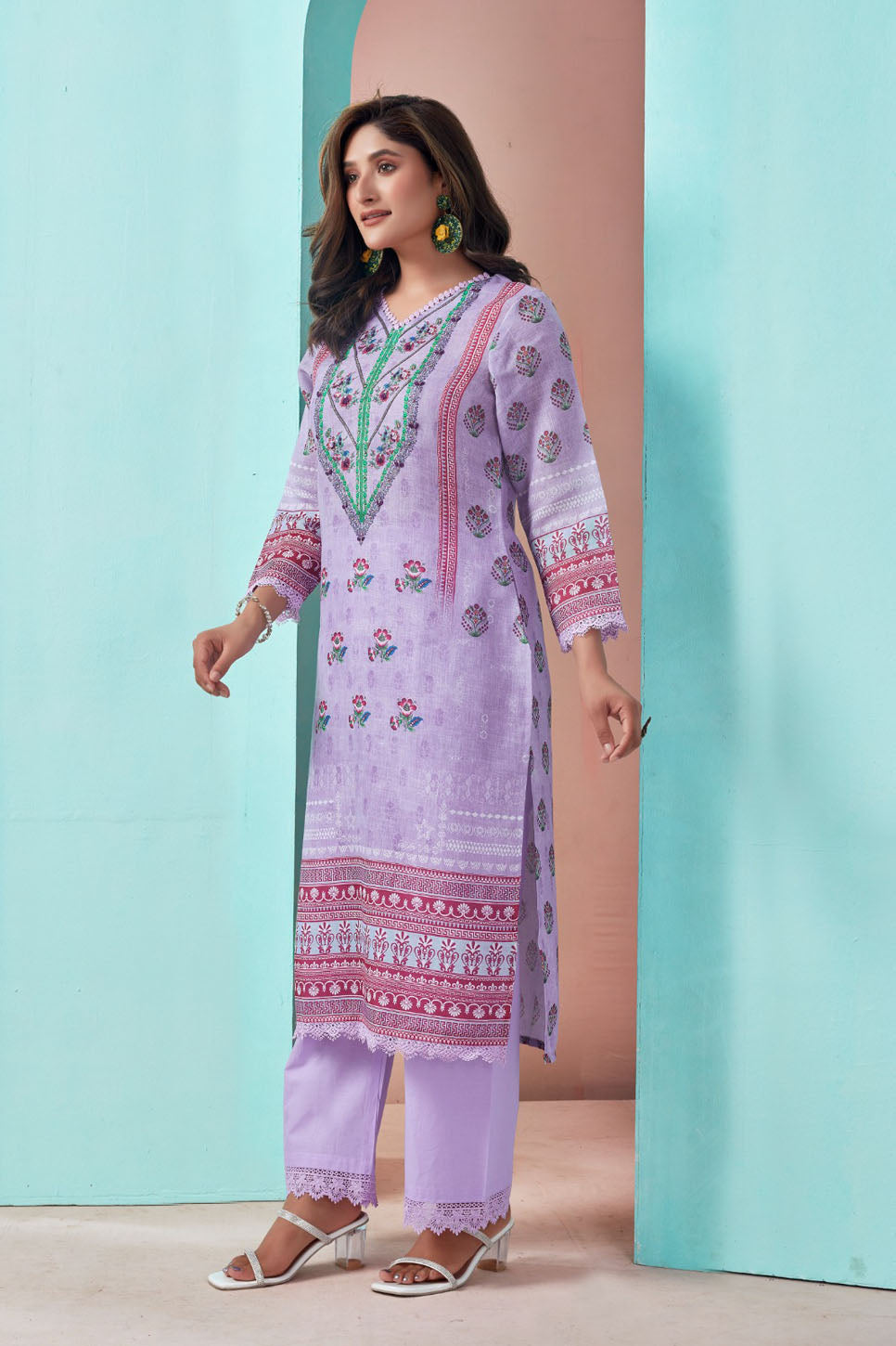 Lilac Embroidered Three-Piece Suit Set with Printed Dupatta
