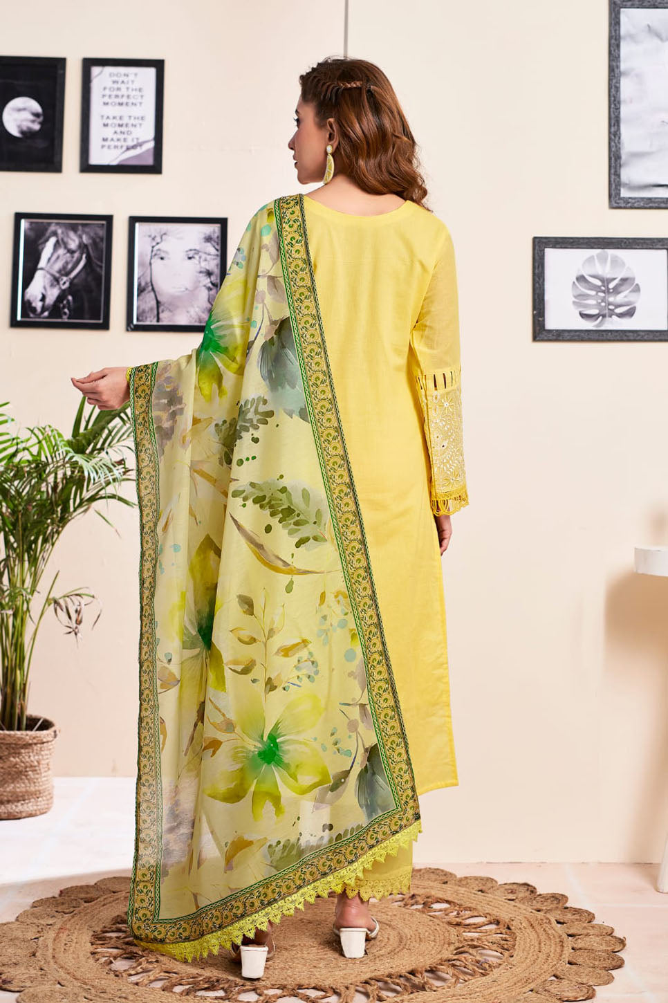 Bright Yellow Embroidered Suit Set with Floral Printed Dupatta – Festive & Ethnic Wear