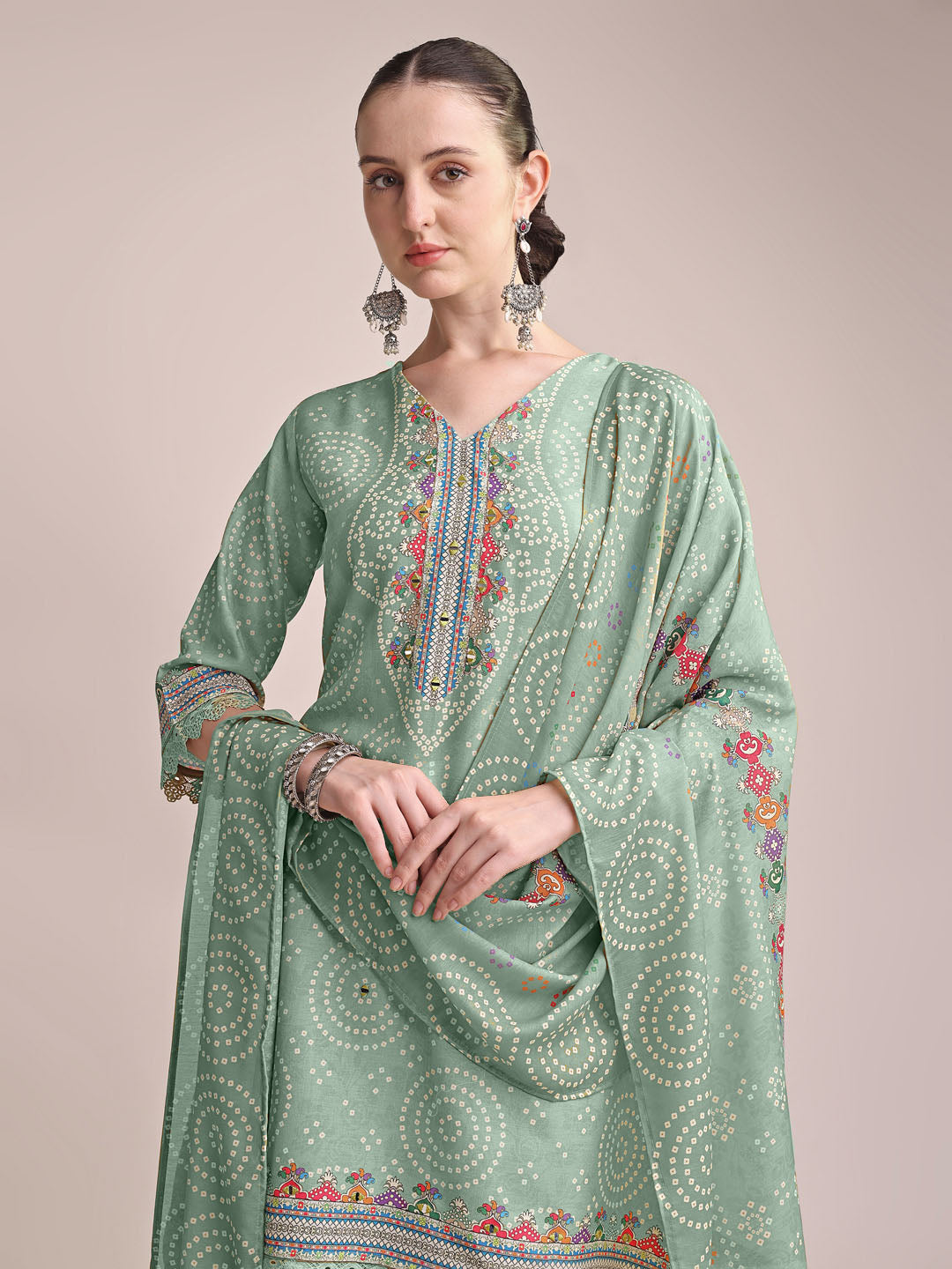 Graceful Sea Green Linen Printed Kurta Set with Embroidered Detailing & Matching Dupatta