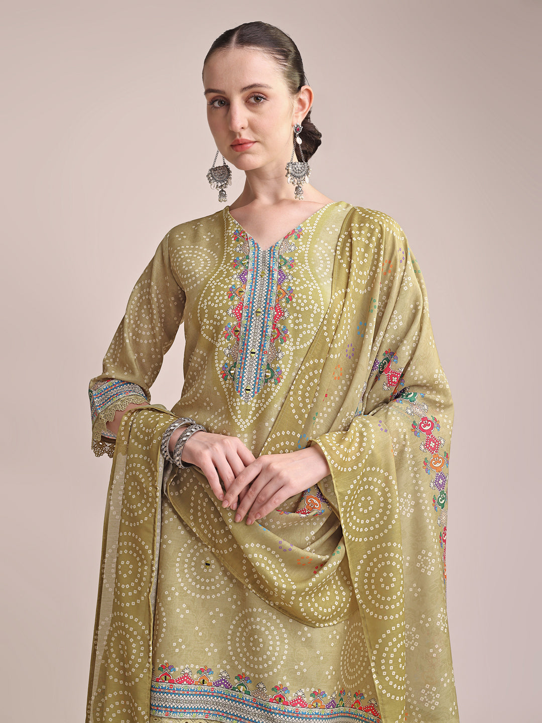 Mustard Yellow Linen Printed Kurta Set with Multicolor Embroidery & Matching Dupatta