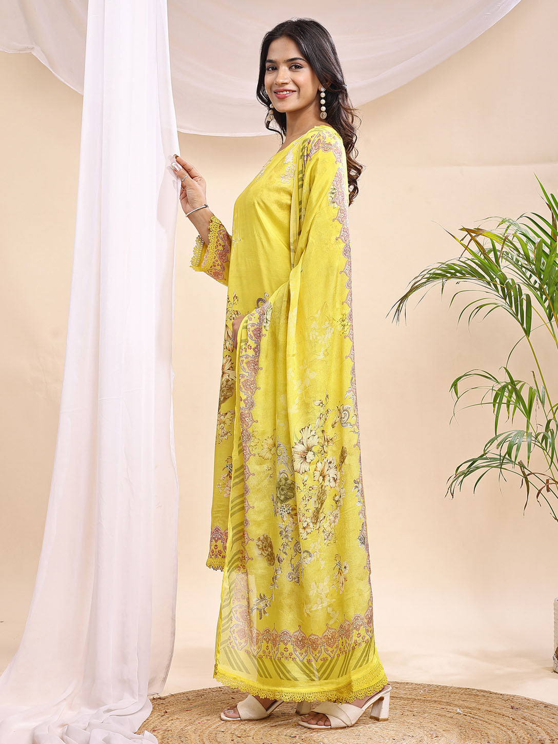 Women's Yellow Floral Printed Suit – 3 Piece Festive Set