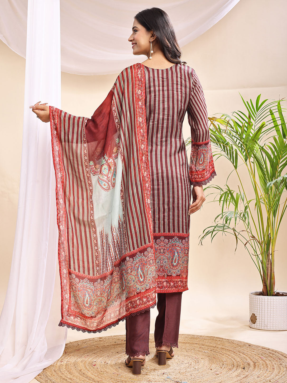 Graceful Maroon & Mint Printed Suit with Dupatta