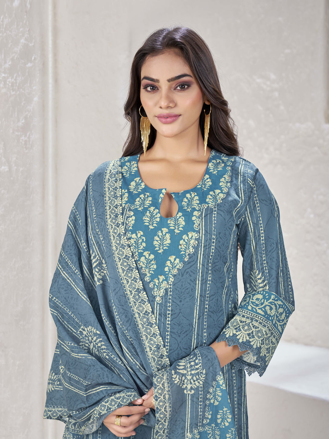 Teal Blue Printed Cotton Suit Set with Embroidered Neckline and Border Detailing