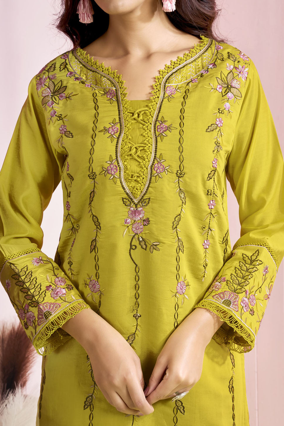 Lime Green Floral Embroidered Suit Set with Printed Dupatta