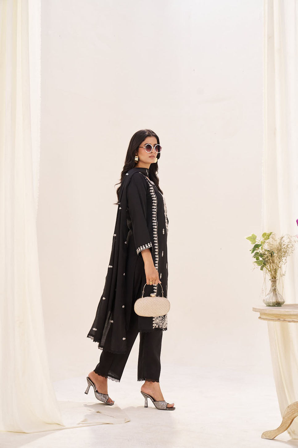 Classic Black Embroidered Cotton Suit with Dupatta