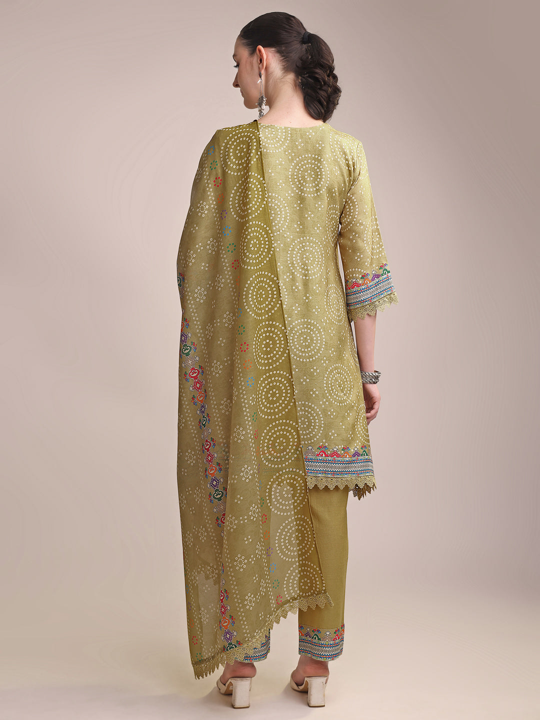 Mustard Yellow Linen Printed Kurta Set with Multicolor Embroidery & Matching Dupatta