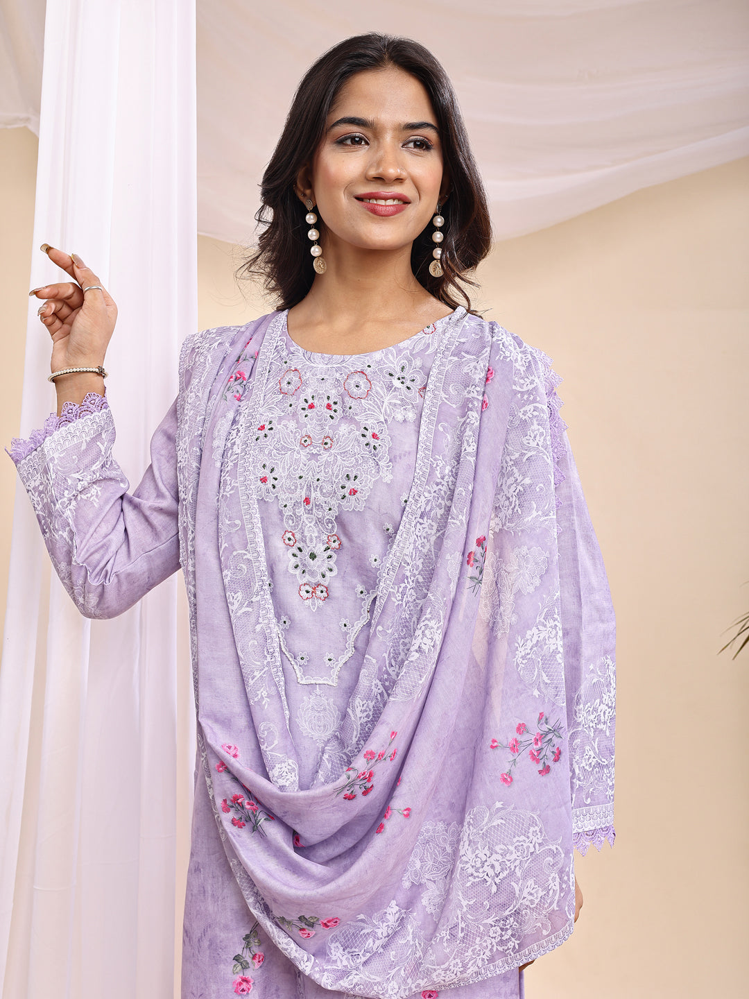 Light Purple Embroidered Three-Piece Suit Set