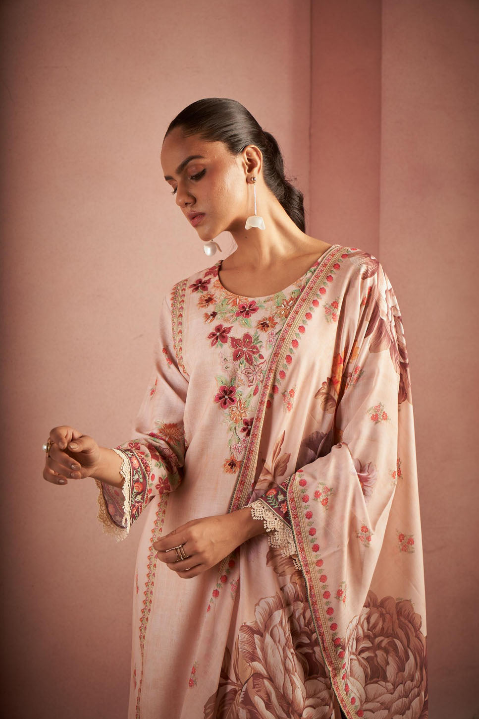 Blush Pink Floral Printed Suit Set with Embroidered Details
