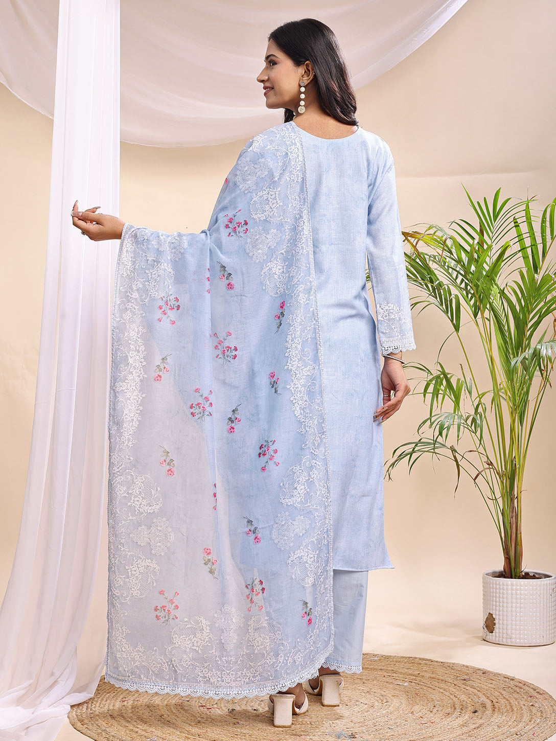 Pastel Blue Embroidered Three-Piece Suit Set