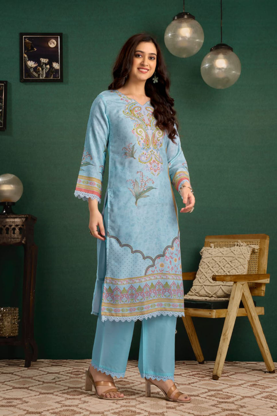 Sky Blue Printed Linen Suit Set with Embroidered Detailing & Dupatta