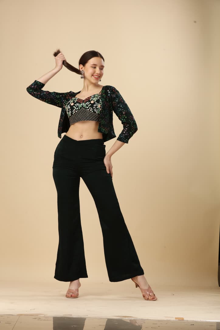 Black Embroidered Velvet Crop Top Co-ord Set with Printed Shrug
